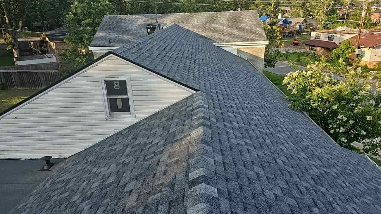 Aerial view of a completed shingle roof replacement