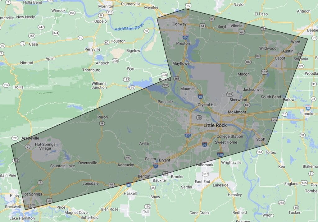 Map highlighting service area around Little Rock