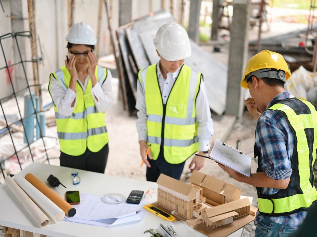 Roofing team reviewing plans for metal roofing project