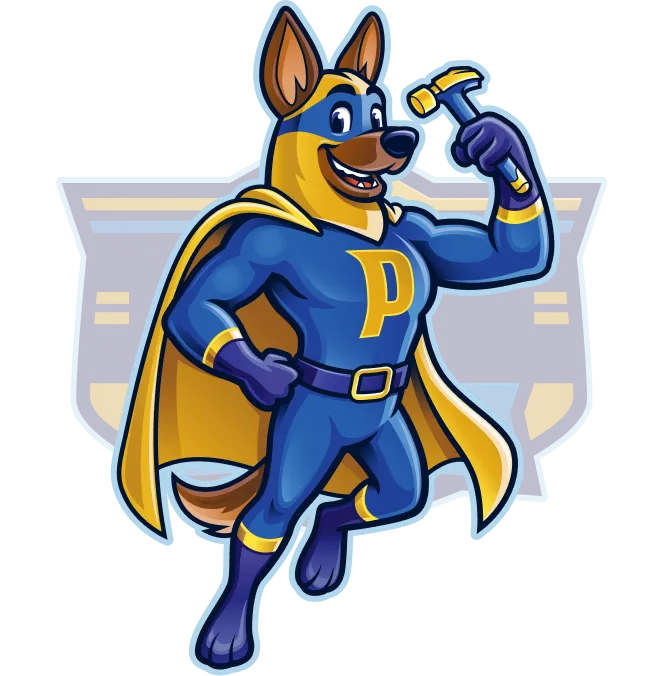 Patriot Roofing mascot, a German Shepherd superhero in a blue suit and gold cape holding a hammer