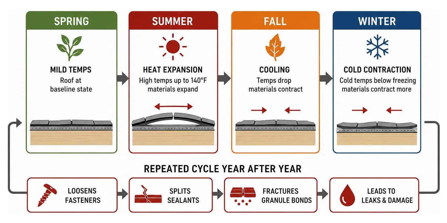 Infographic showing thermal expansion and contraction cycle on Arkansas roofing materials across four seasons Infographic showing thermal expansion and contraction cycle on Arkansas roofing materials across four seasons