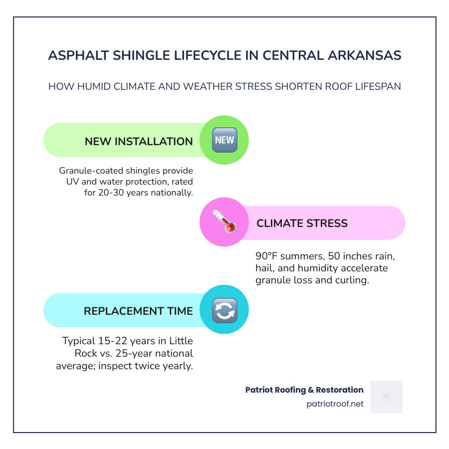 Infographic showing asphalt shingle lifecycle stages in Central Arkansas humid climate with lifespan ranges by type Infographic showing asphalt shingle lifecycle stages in Central Arkansas humid climate with lifespan ranges by type