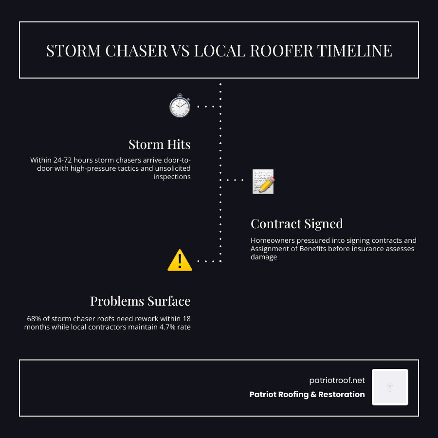 Storm chaser timeline vs local Arkansas roofer response timeline infographic Storm chaser timeline vs local Arkansas roofer response timeline infographic