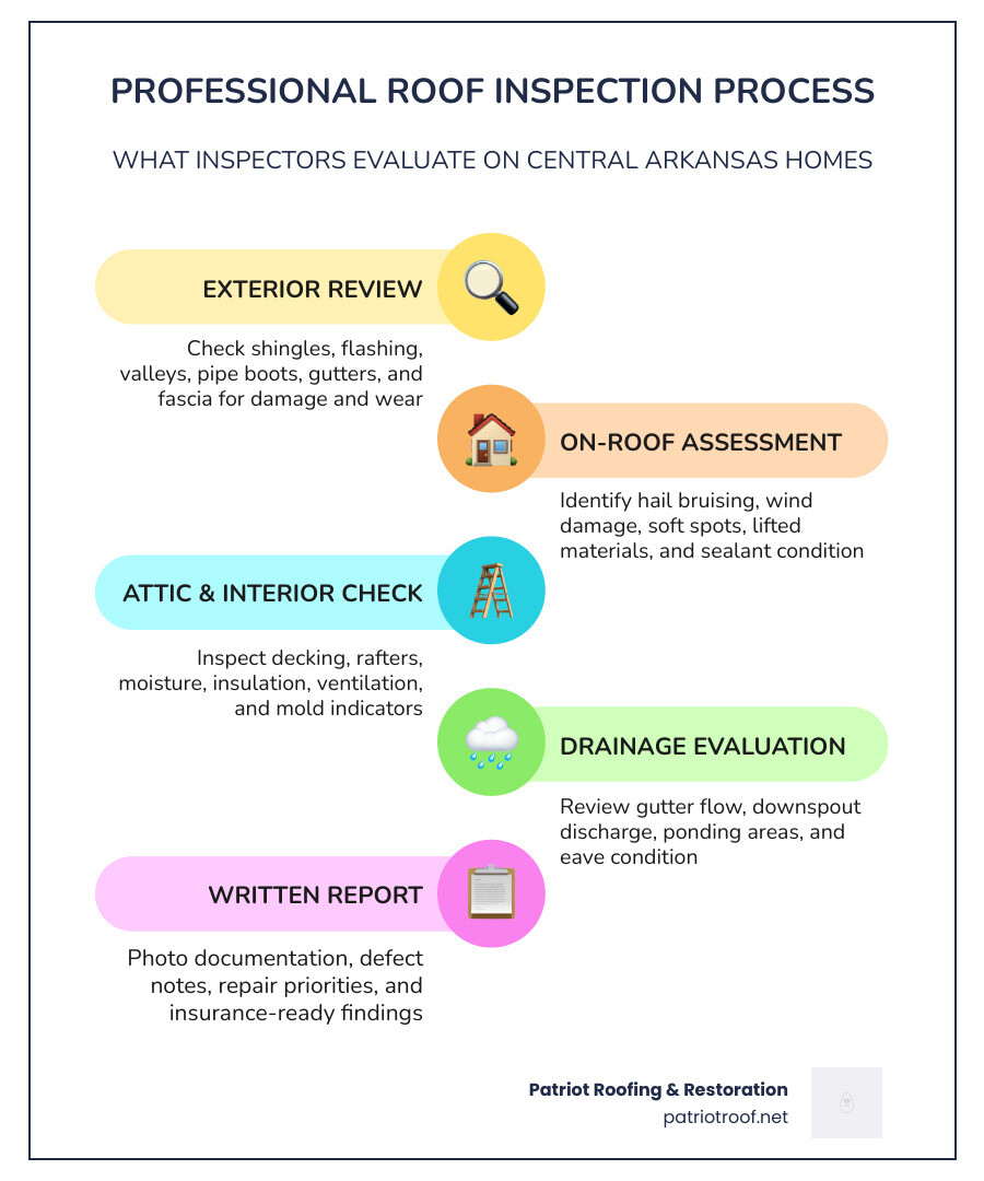 Infographic showing the 5 key components of a professional roof inspection in Central Arkansas infographic