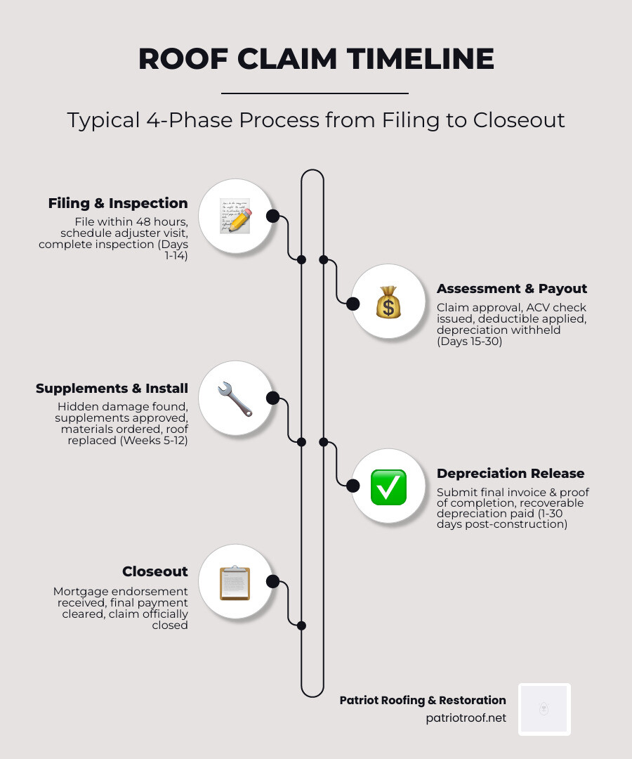 Infographic showing roof insurance claim timeline from filing to final depreciation payment in 4 phases infographic