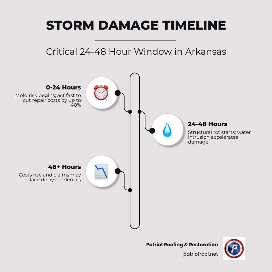 24-48 hour Arkansas storm damage timeline showing mold risk, cost increases, and key action steps infographic