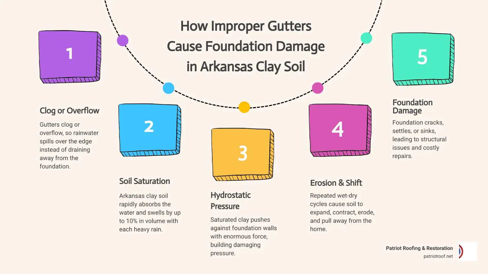 Infographic showing the step-by-step cycle from clogged gutters to Arkansas clay soil expansion to foundation damage Infographic showing the step-by-step cycle from clogged gutters to Arkansas clay soil expansion to foundation damage