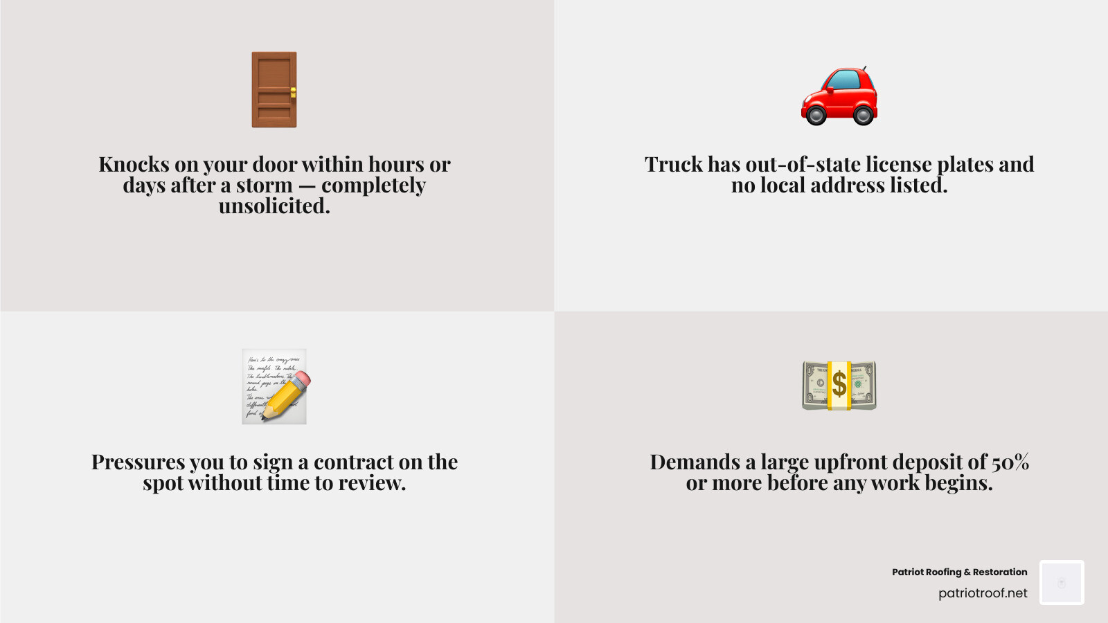 Infographic showing 6 red flags of storm-chasing roofers in Arkansas with icons for each warning sign infographic Infographic showing 6 red flags of storm-chasing roofers in Arkansas with icons for each warning sign infographic