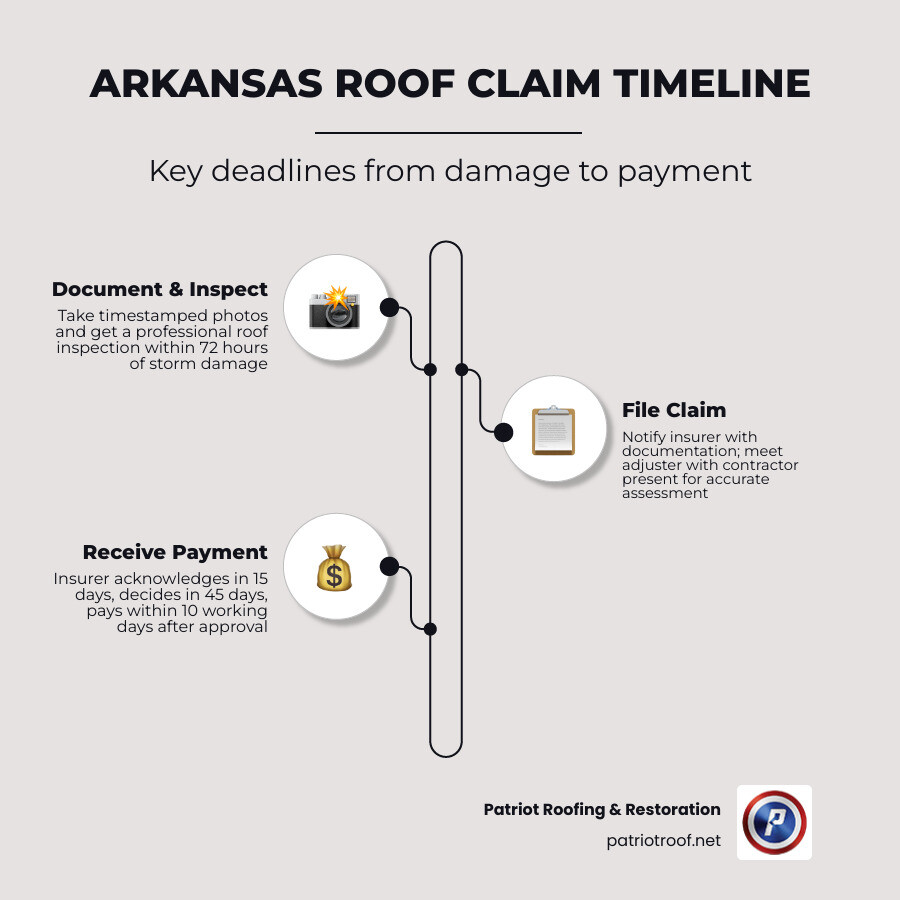 Arkansas roof insurance claim process timeline infographic from documentation to final payment infographic