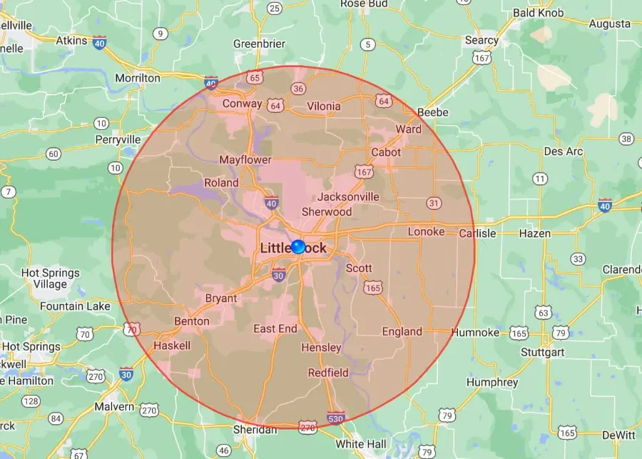 Map of the central Arkansas area Patriot Roofing serves
