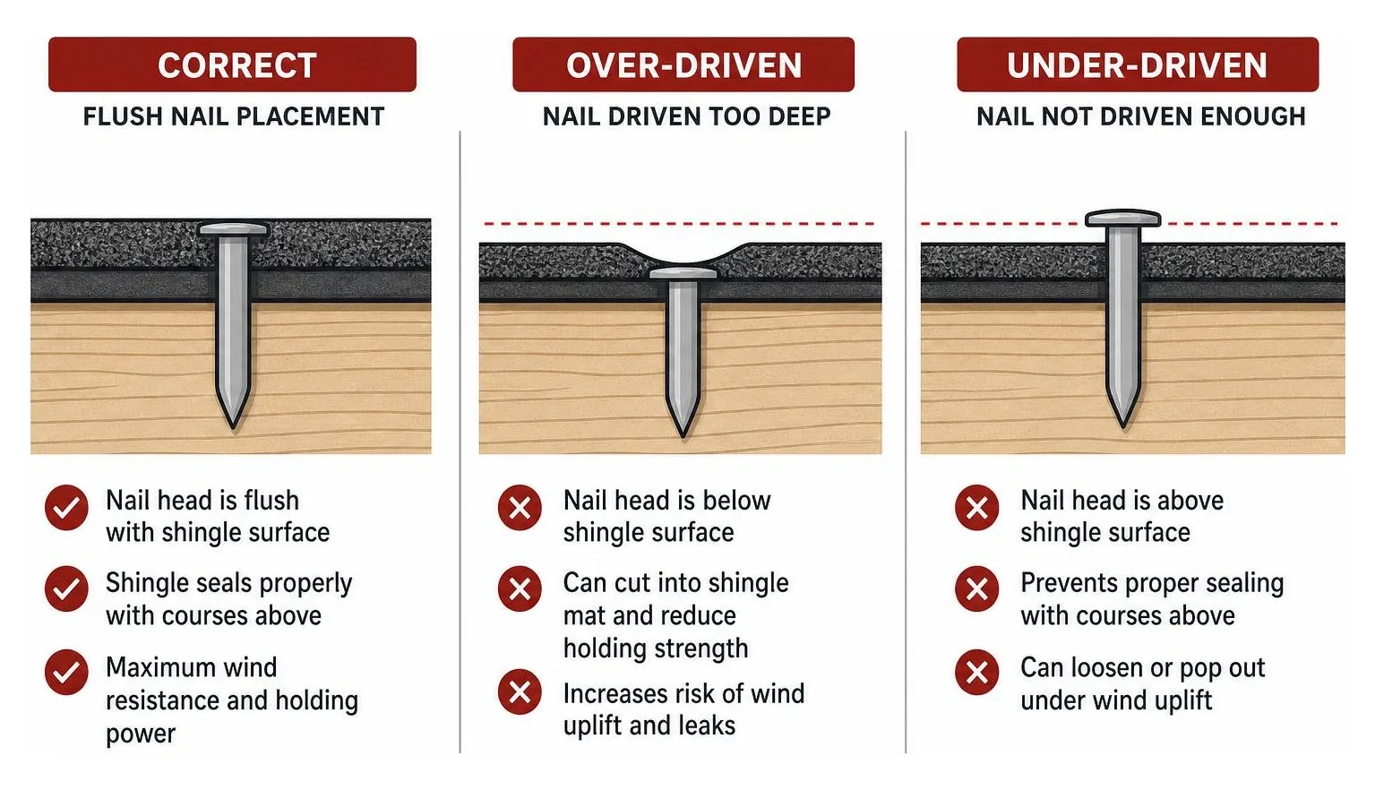 Diagram showing correct flush nail placement versus improper over driven and under driven fasteners