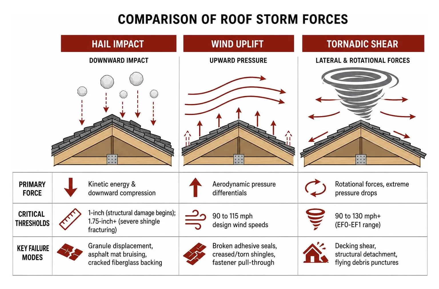 Comparison diagram of hail impact wind uplift and tornadic shear forces on a standard roof structure