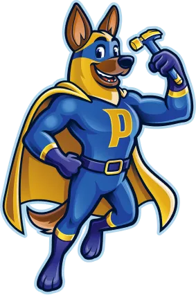 Patriot Roofing mascot, a German Shepherd superhero in a blue suit and gold cape holding a hammer