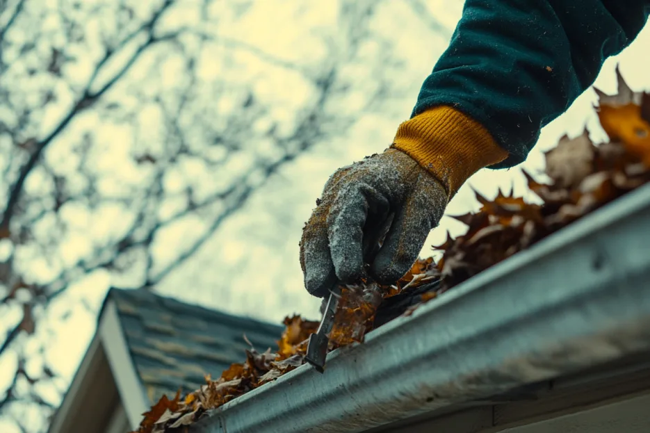 Gloved hand clearing leaves from a gutter before winter